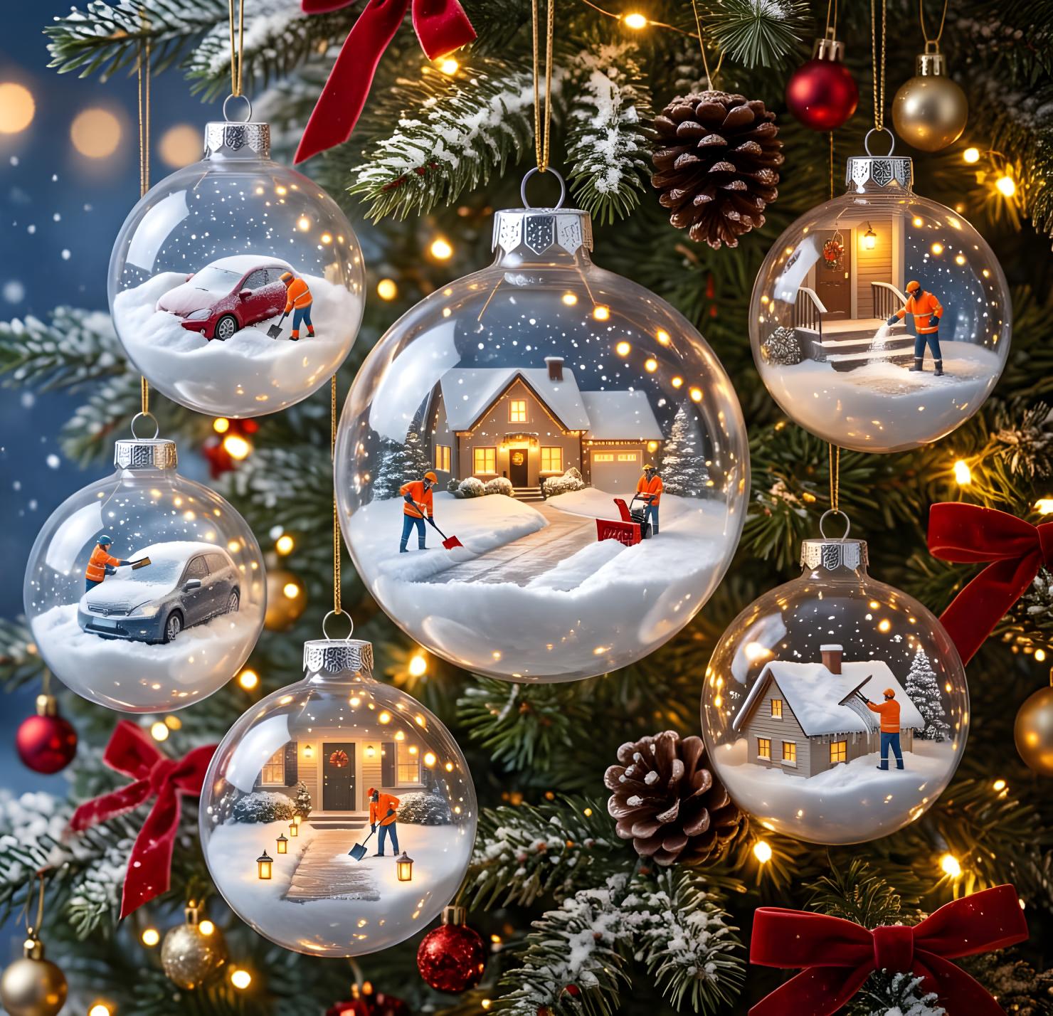 Snowy Christmas tree hung with clear glass baubles, a tiny snow crew at work inside each one