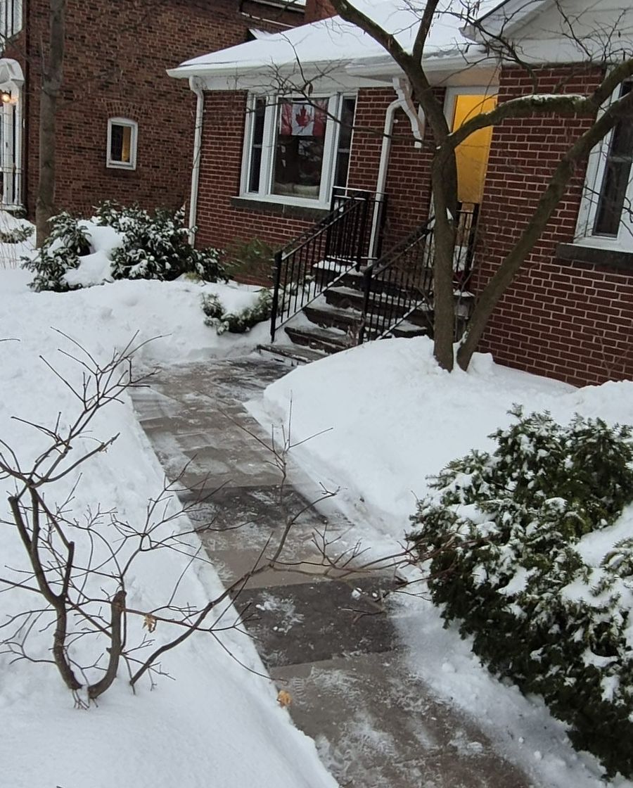 Shovelled path leading to the front door of a brick house in Toronto
